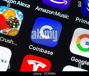 Icona dell'app Coinbase sullo schermo di Apple iPhone Foto Stock