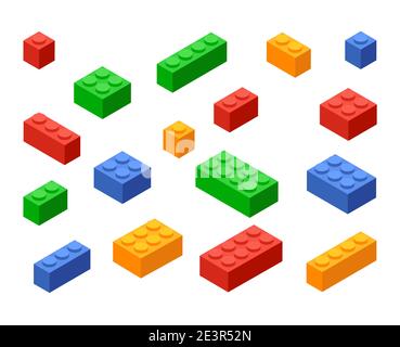 Blocca l'icona di costruzione del mattone giocattolo. Set di cubi in plastica per giocattoli vettoriali isometrici Illustrazione Vettoriale