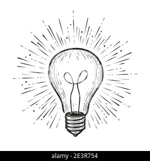 Lampadina che brilla. Simbolo dell'idea concettuale disegnato a mano Illustrazione Vettoriale