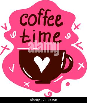 Logo della tazza di caffè. Tazze da caffè striscione a colori su sfondo bianco con testo - tempo di caffè. Illustrazione Vettoriale