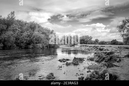 River Teme, Shropshire in estate. Questo fiume alimenta la città mercato di Ludlow. Foto Stock