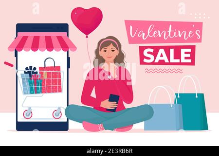 La ragazza effettua acquisti tramite smartphone. Vendita di San Valentino, concetto di shopping online. Negozio. Illustrazione vettoriale in stile piatto Illustrazione Vettoriale