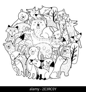 Pagina di colorazione forma circolare con divertenti caratteri della foresta. Carini animali boschivi Illustrazione Vettoriale