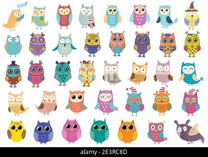 Grande collezione di gufi carini. Pacchetto clipart con uccelli divertenti Illustrazione Vettoriale