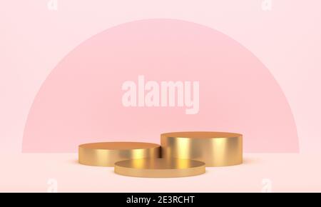 Tre display rotondi dorati per prodotti su sfondo rosa. rendering 3d, forma geometrica Foto Stock