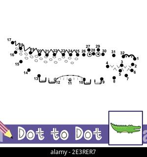 DOT to DOT giochi con simpatico alligatore. Collega la pagina di attività dei puntini per i bambini Illustrazione Vettoriale