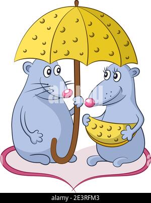 Animali da cartone animato, topi con le unghie a forma di cuore sotto l'ombrello del formaggio, isolati su sfondo bianco. Vettore Illustrazione Vettoriale