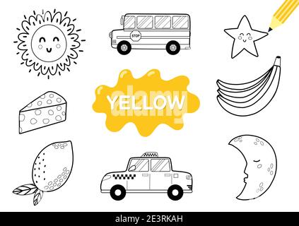 Colorare gli elementi in giallo. Pagina da colorare per bambini. Materiale didattico per la scuola Illustrazione Vettoriale