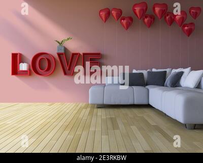 Immagine di rendering 3D dello sfondo del giorno di San Valentino. Mockup della casella di testo e sfondo nel livello di oggetti avanzati. Foto Stock