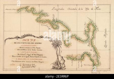Mapa de una parte del Rio Acapaporis - comprensione desde Su entrada en el Rio Yapura hasta la población de los Yndios Corotus Foto Stock