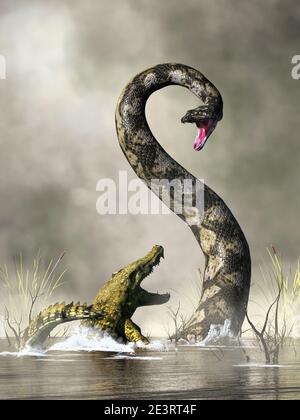 Un serpente enorme si allena dall'acqua per affrontare un coccodrillo sfortunato: È il titanoboa, il serpente più grande in cui vivere. Rendering 3D Foto Stock