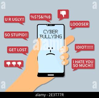 concetto di intimidazione informatica, smartphone con supporto manuale con messaggi di testo insultanti illustrazione vettoriale Illustrazione Vettoriale