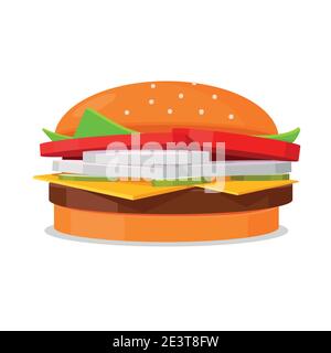 Hamburger vettore delizioso con cipolla, pomodori, cetrioli, formaggio e insalata. Gustose cotoletta di carne e panino appena sfornato coperto di sesamo. Cheeseburger. Illustrazione Vettoriale
