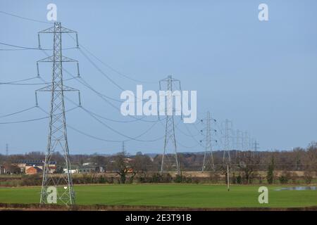 Una linea di tralicci elettrici e cavi di alimentazione sospesi che attraversano Terreno agricolo nello Yorkshire Foto Stock