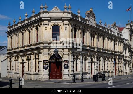 1877 Criterion Hotel, Oamaru, Isola del Sud, Nuova Zelanda. Architettura calcarea e ora utilizzato regolarmente come location storica di film e film. Foto Stock