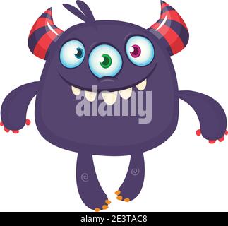 Divertente mostro di cartoni animati con tre occhi. Illustrazione vettoriale del simpatico personaggio mostro Illustrazione Vettoriale