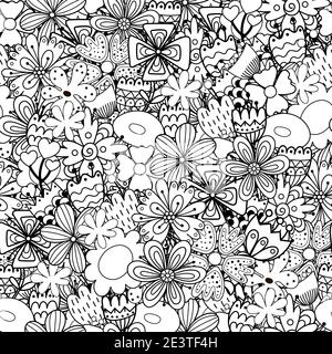 Doodle fiori senza cuciture motivo. Pagina di colorazione della natura whimsical. Stampa floreale in bianco e nero Illustrazione Vettoriale