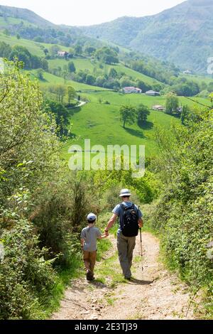 Padre e figlio escursioni nel pittoresco Paese Basco francese. Vista posteriore. Concetto di stile di vita naturale. Foto Stock