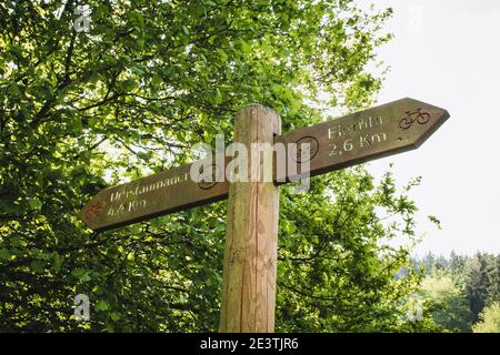 Cartello Wildnis-Trail nel Parco Nazionale di Eifel, Germania. Cartello di direzione in legno di fronte agli alberi Foto Stock