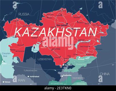 Paese del Kazakistan Mappa dettagliata modificabile con regioni città e città, strade e ferrovie, siti geografici. File vettoriale EPS-10 Illustrazione Vettoriale