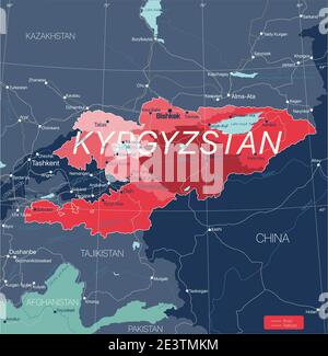Paese del Kirghizistan Mappa dettagliata modificabile con regioni città e città, strade e ferrovie, siti geografici. File vettoriale EPS-10 Illustrazione Vettoriale
