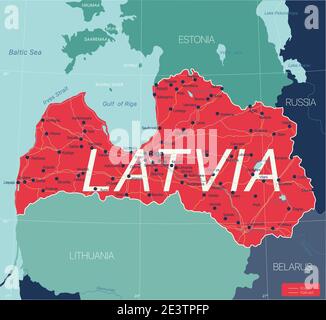 Paese Lettonia Mappa dettagliata modificabile con regioni città e città, strade e ferrovie, siti geografici. File vettoriale EPS-10 Illustrazione Vettoriale