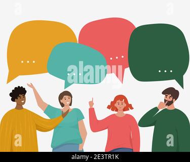 Persone che parlano, uomini d'affari che parlano di notizie. Le bolle di dialogo del social network. Illustrazione vettoriale in stile piano cartoon Illustrazione Vettoriale