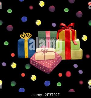 Motivo senza cuciture con illustrazioni acquerello confezioni regalo su colore nero Foto Stock