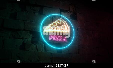 Pizza segno al neon su fondo muro in mattoni, elemento di design, banner illuminato, pubblicità al neon segno, pubblicità notturna. Spazio di copia Foto Stock
