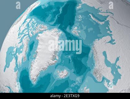 Mappa fisica del Polo Nord, Groenlandia. Rilievi e montagne. Emisfero settentrionale. Russia siberiana e Canada artico. rendering 3d. Batimetria Foto Stock