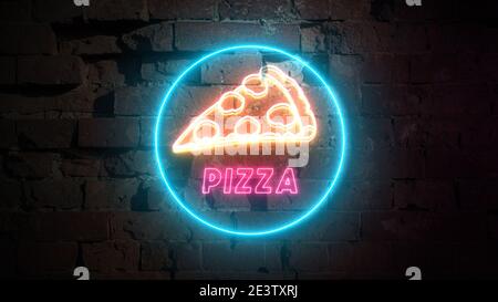Pizza segno al neon su fondo muro in mattoni, elemento di design, banner illuminato, pubblicità al neon segno, pubblicità notturna. Spazio di copia Foto Stock