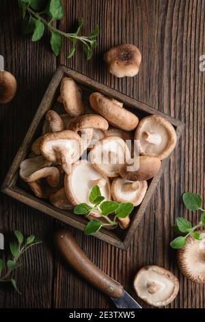 Un mucchio di immunità che aumenta i funghi Shiitake freschi in una ciotola su sfondo rustico in legno Foto Stock