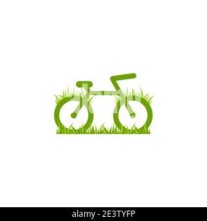 Bicicletta verde con icona erba. Logo Flat bike isolato su bianco. Illustrazione vettoriale. Simbolo trasporto ecologico. Un viaggio sano. Ecologia. Diventa verde. Mondo Illustrazione Vettoriale