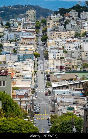 Vista su Lombard Street, San Francisco, California, Stati Uniti. Foto Stock