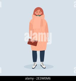 Giovane donna alla moda con giacca calda, stivali con borsa. Abbigliamento autunnale stile strada. Illustrazione vettoriale in stile piano cartoon Illustrazione Vettoriale