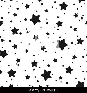Motivo astratto senza cuciture con piccole stelle nere arrotondate su sfondo bianco. Illustrazione vettoriale. Cielo magico. Sfondo di Stardust. Bianco e nero. C Illustrazione Vettoriale