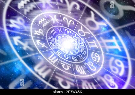 Segni zodiacali all'interno del cerchio dell'oroscopo - astrologia e oroscopi concetto Foto Stock