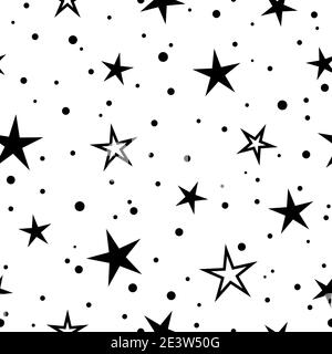Motivo carino senza cuciture con piccole stelle, punti e cerchi arrotondati sullo sfondo bianco. Illustrazione vettoriale. Fuochi d'artificio magici. Bright Stardust dietro Illustrazione Vettoriale