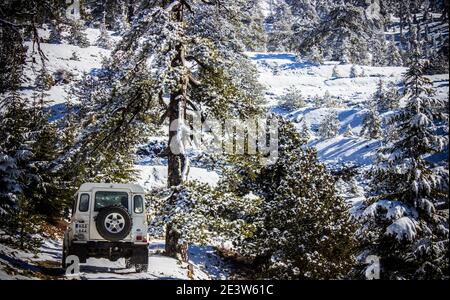 Fuoristrada nella neve nelle montagne soleggiate di Troodos Cipro con un Defender e una scoperta Foto Stock