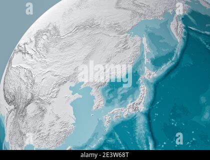 Mappa del Giappone, Corea del Nord e Corea del Sud, mappa fisica Asia, Asia orientale. Mappa con rilievi e montagne, Oceano Pacifico. Bathymetry, sott'acqua Foto Stock