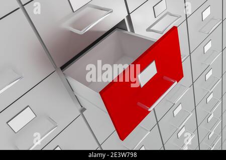 Aprire il cassetto vuoto rosso del cabinet - concetto di business e amministrazione. Illustrazione con rendering 3D. Foto Stock