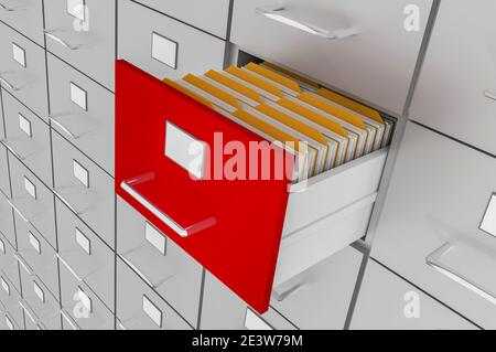 Aprire il cassetto dell'armadio di archiviazione con i documenti all'interno - concetto di raccolta dati. Illustrazione con rendering 3D. Foto Stock