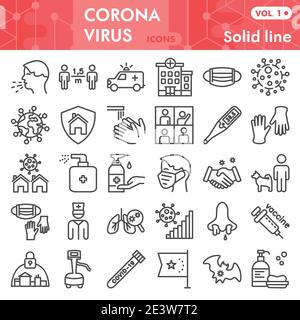Set di icone della linea del coronavirus, insieme di simboli di prevenzione Covid-19 o schizzi. 2019-nCoV segni epidemici per web, pacchetto di pittogrammi di stile lineare Illustrazione Vettoriale