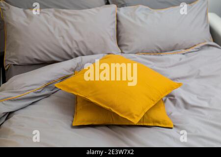 Giallo e grigio colore cuscini sul divano accanto a una finestra che si  diffonde la luce del sole in camera con libri sfocata e fantasia Foto stock  - Alamy
