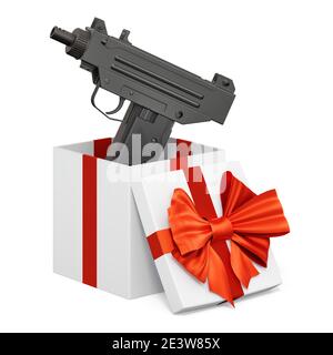 Pistola a macchina secondaria all'interno della confezione regalo, concetto attuale. Rendering 3D isolato su sfondo bianco Foto Stock