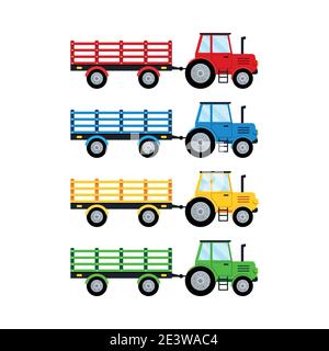 Trattore agricolo con set di isolatet rimorchio aperto su sfondo bianco. Illustrazione Vettoriale