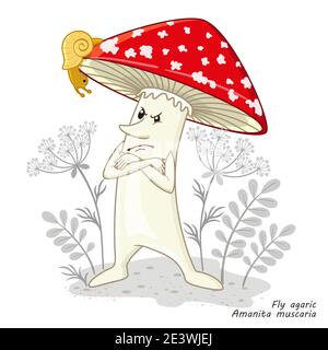 Funghi vettoriali isolati su bianco. Disegno divertente del carattere in uno stile del cartone animato. Influenza agarica di funghi velenosi. Stampa per abiti per bambini Illustrazione Vettoriale