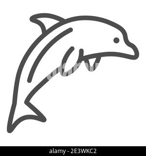 Icona della linea dei delfini, concetto di oceano, simbolo di un animale del mare dei delfini su sfondo bianco, un'icona di delfino che salta in stile outline per il concetto mobile e il web Illustrazione Vettoriale