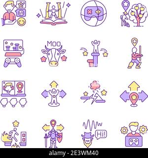 Video gioco design RGB colore icone set Illustrazione Vettoriale