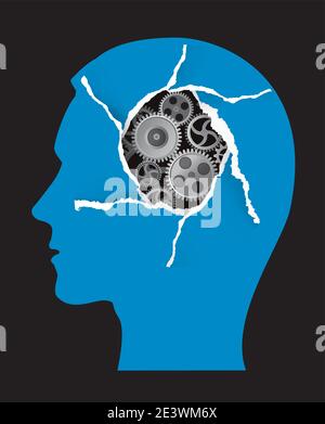 Malattie psicologiche, concetto di salute mentale. Testa maschio nel profilo con ingranaggio e foro di carta strappato. Vettore disponibile. Illustrazione Vettoriale